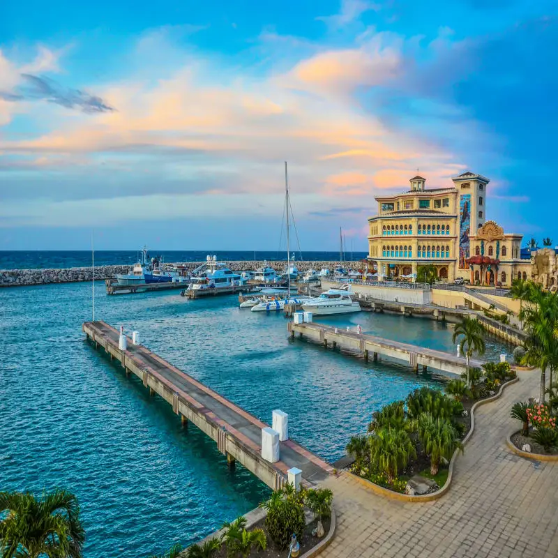 Marina with boats and colorful waterfront architecture